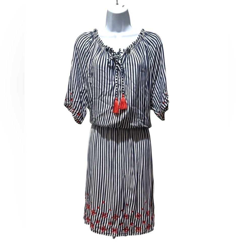 Tommy Hilfiger XL Navy Stripe Embroidered Tassel Peasant Dress Beach Cover Up